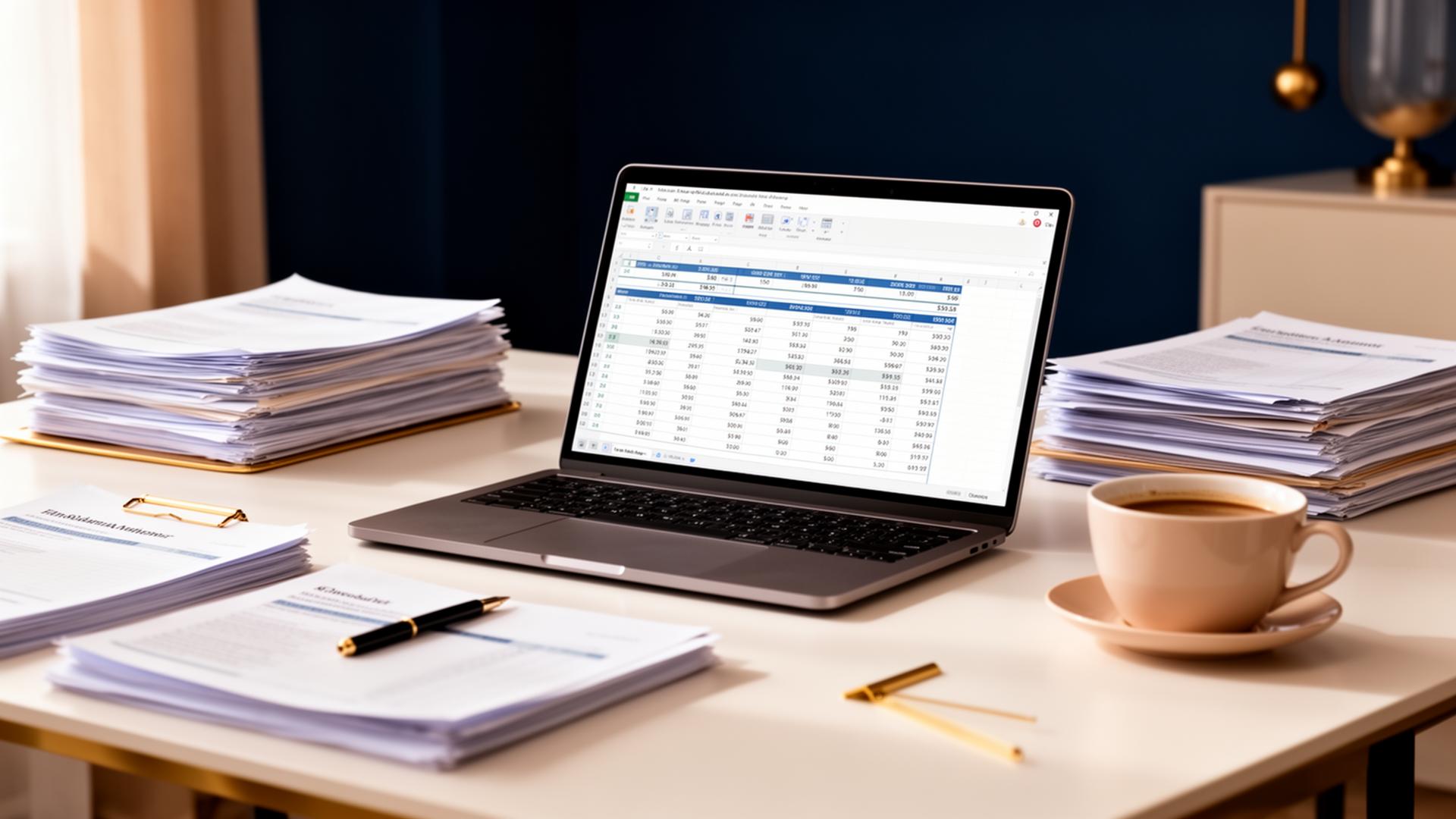 A bookkeeper's desk with financial reports, a laptop and a coffee cup